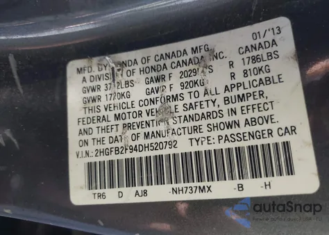 2013 Honda Civic Ex-L z USA, uszkodzony, nr VIN 2HGFB2F94DH520792